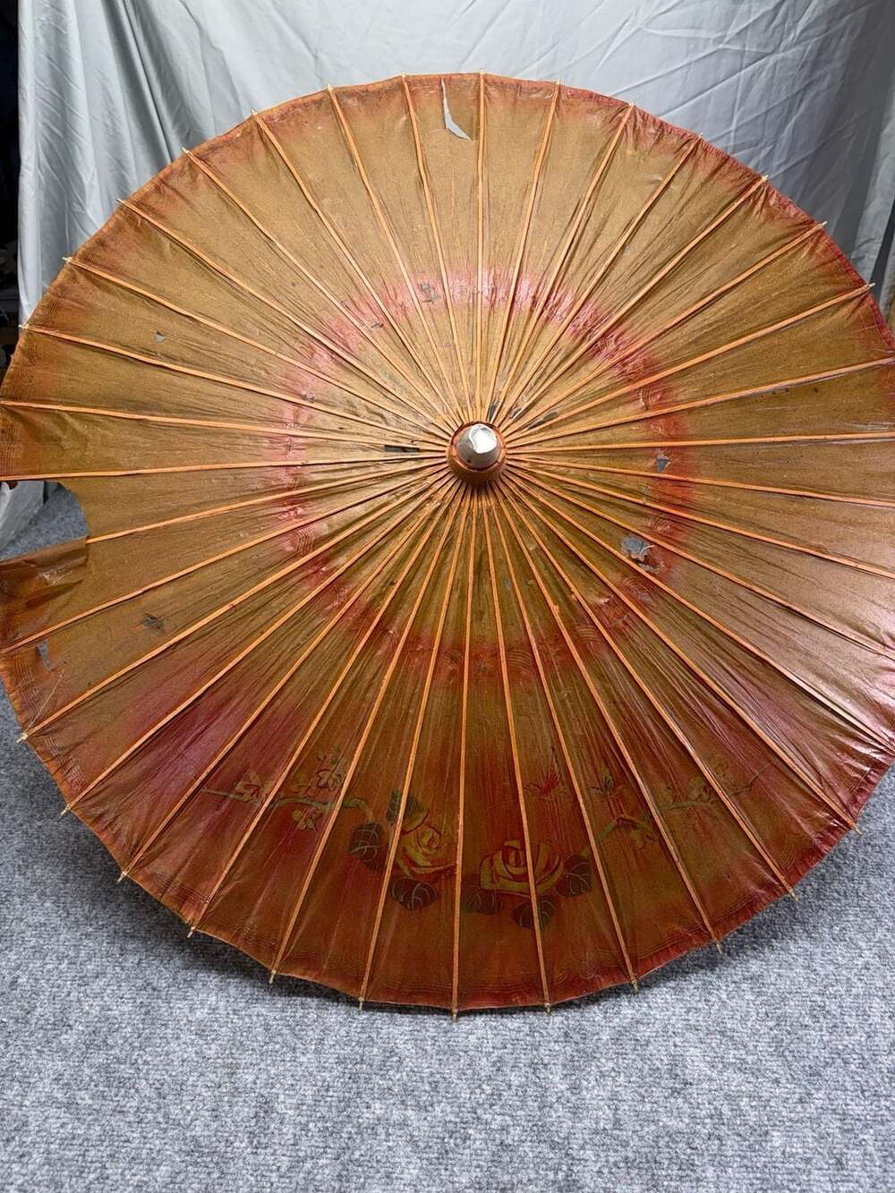 Vintage Japanese Wood Chicago Handle Red Floral Paper Parasol Umbrella Bamboo